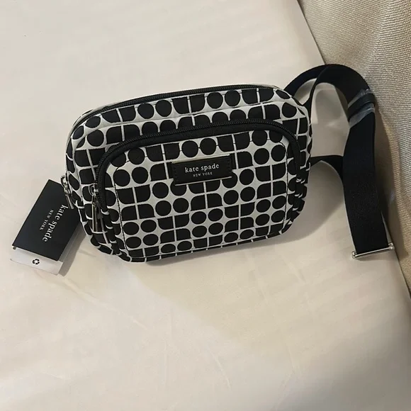 Kate Spade Black Noel Jacquarded Fabric and White Circle Pattern Belt Bag.